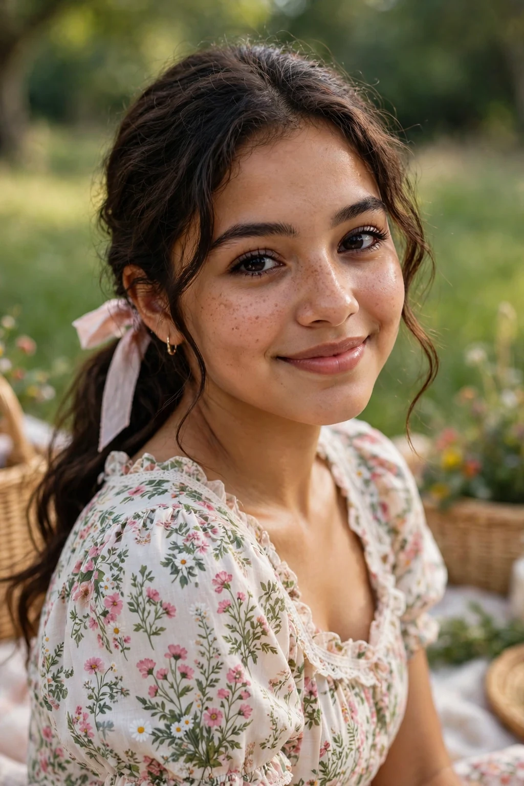 Beautiful woman with low pony with ribbon, sweet ribbon low pony, charming light.