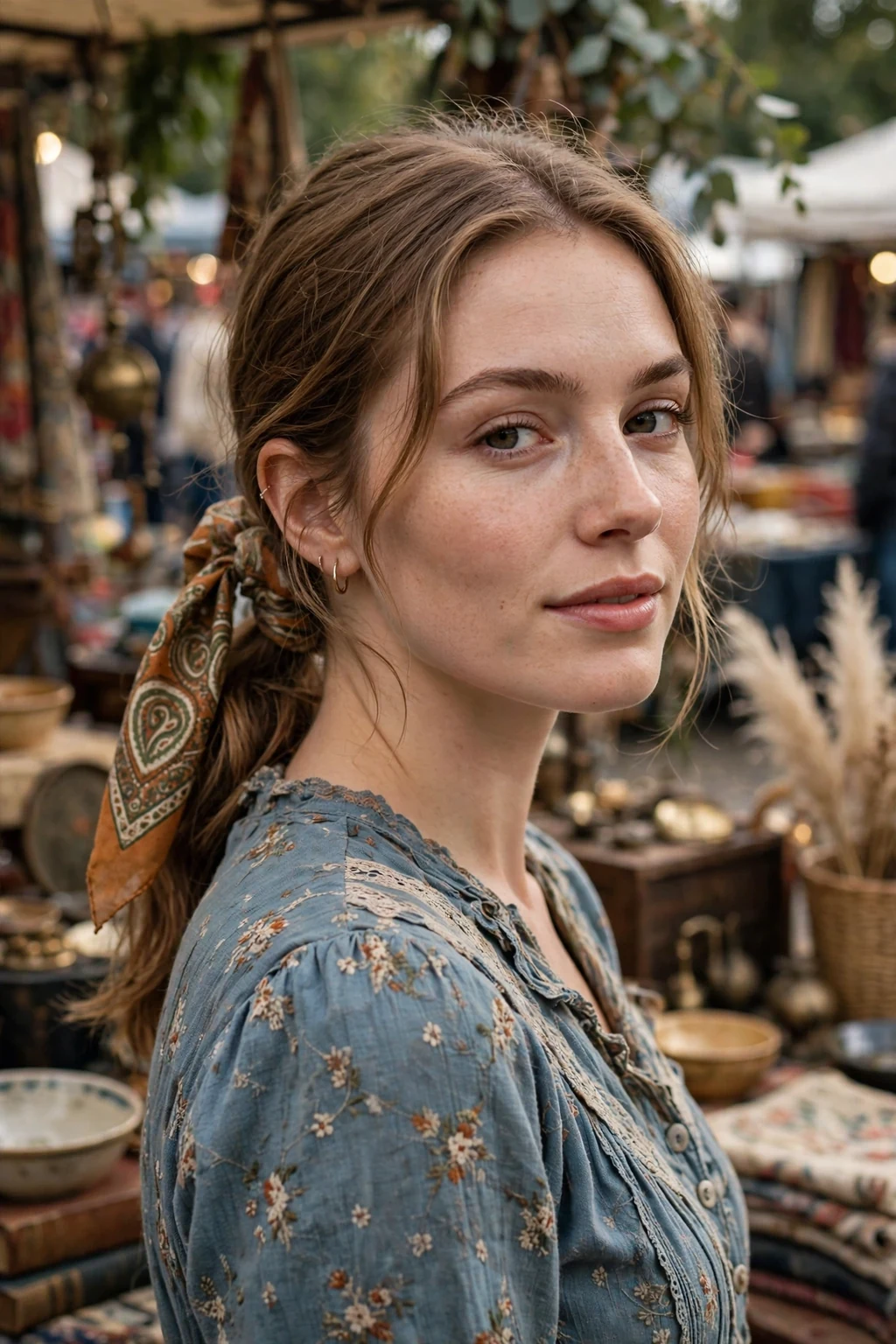 Beautiful woman with low pony with scarf, chic scarf low pony, stylish light.