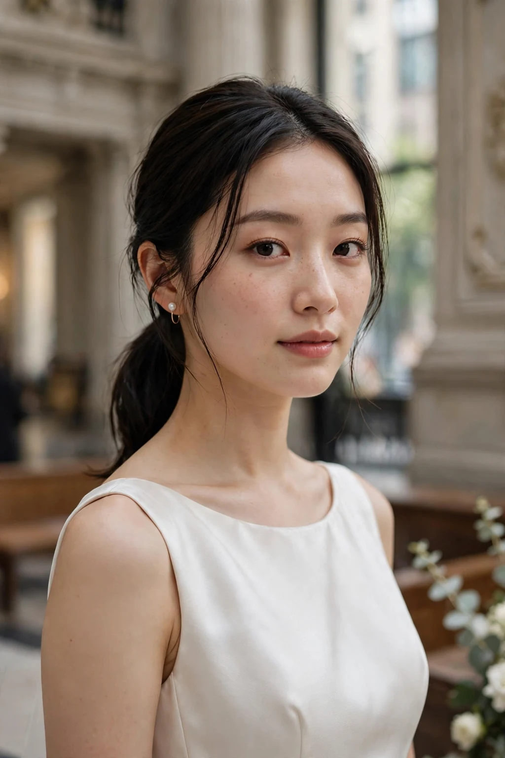 Beautiful bride with low ponytail, chic low ponytail, sleek light.