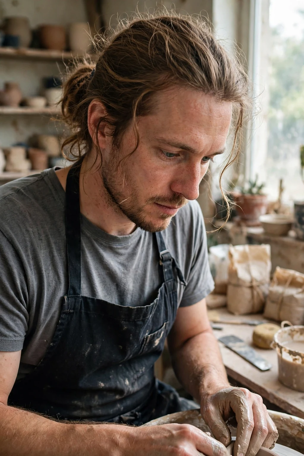 Man with a low ponytail for thick hair, working at a pottery studio in a dark apron.