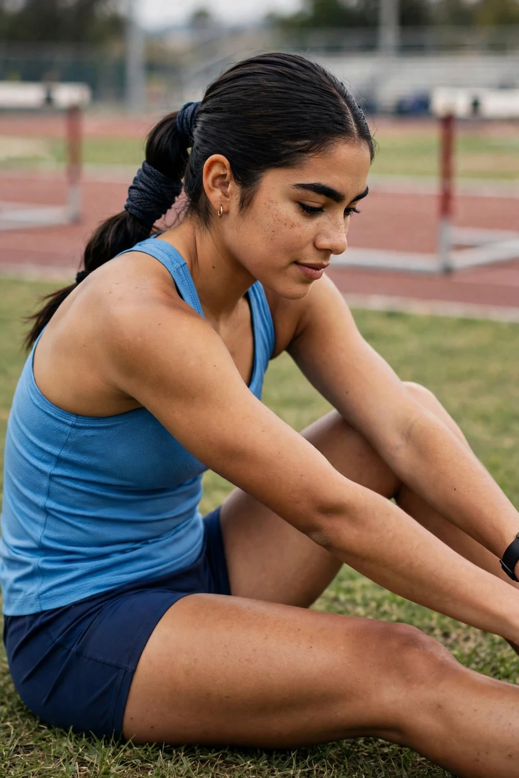 A young woman athlete with a low ponytail with a hair wrap on a track.