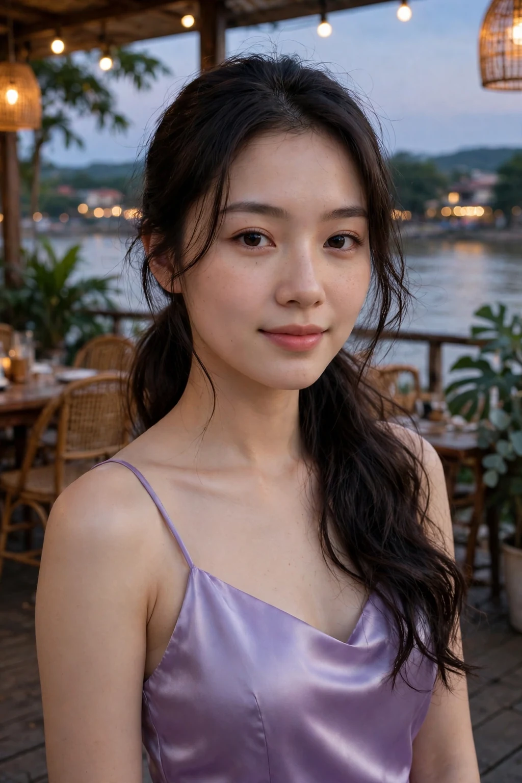 Young woman with a low ponytail with soft waves at a wedding, wearing a lilac dress.