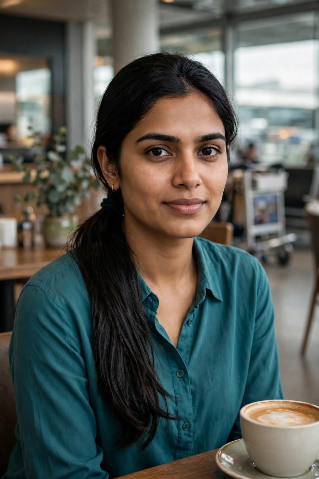 Young woman with a low ponytail hairstyle in an airport cafe, wearing a teal blouse.