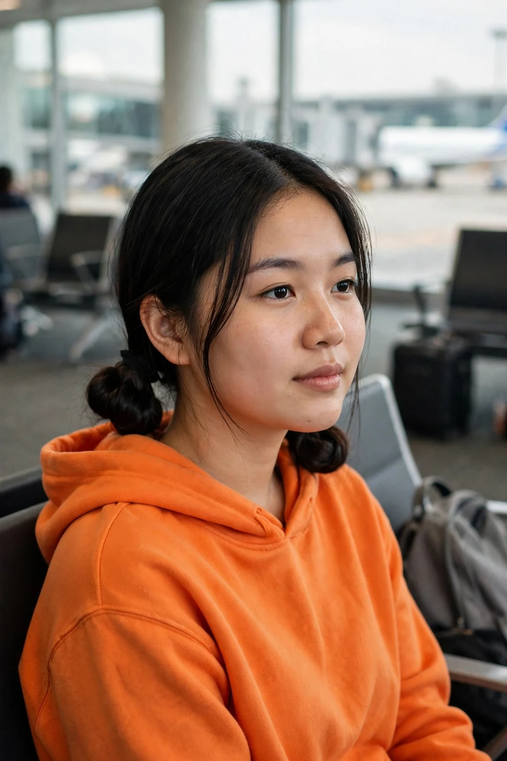 Young woman with low space buns hairstyle at an airport gate, wearing an orange hoodie.
