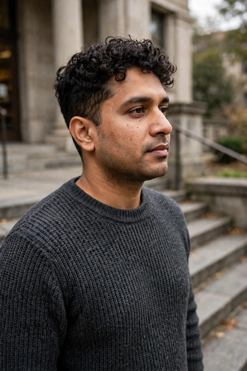 A man with a low taper and neatly defined curls on top, photographed in soft daylight.