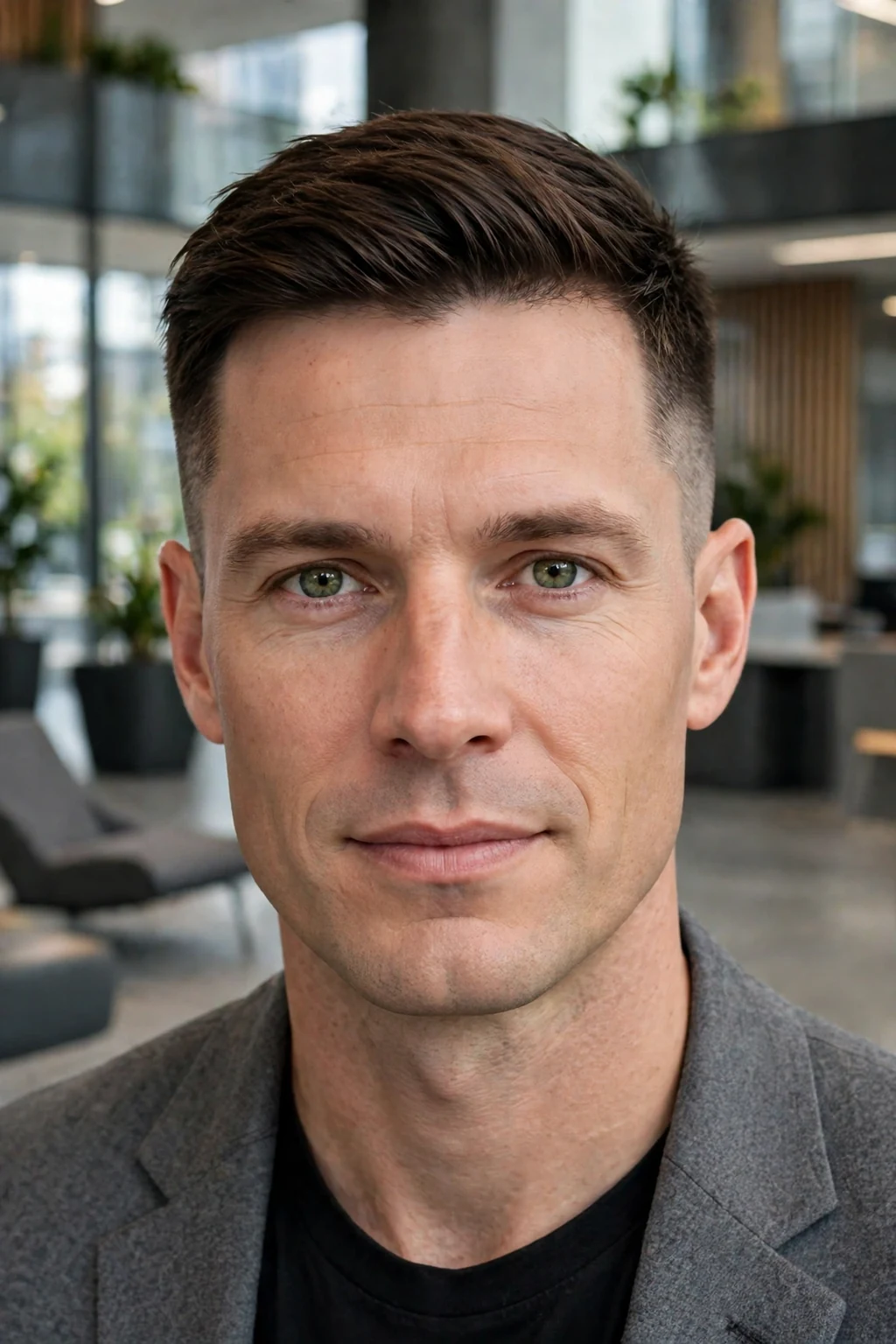 A man with a low taper fade wearing a gray blazer in an office lobby.