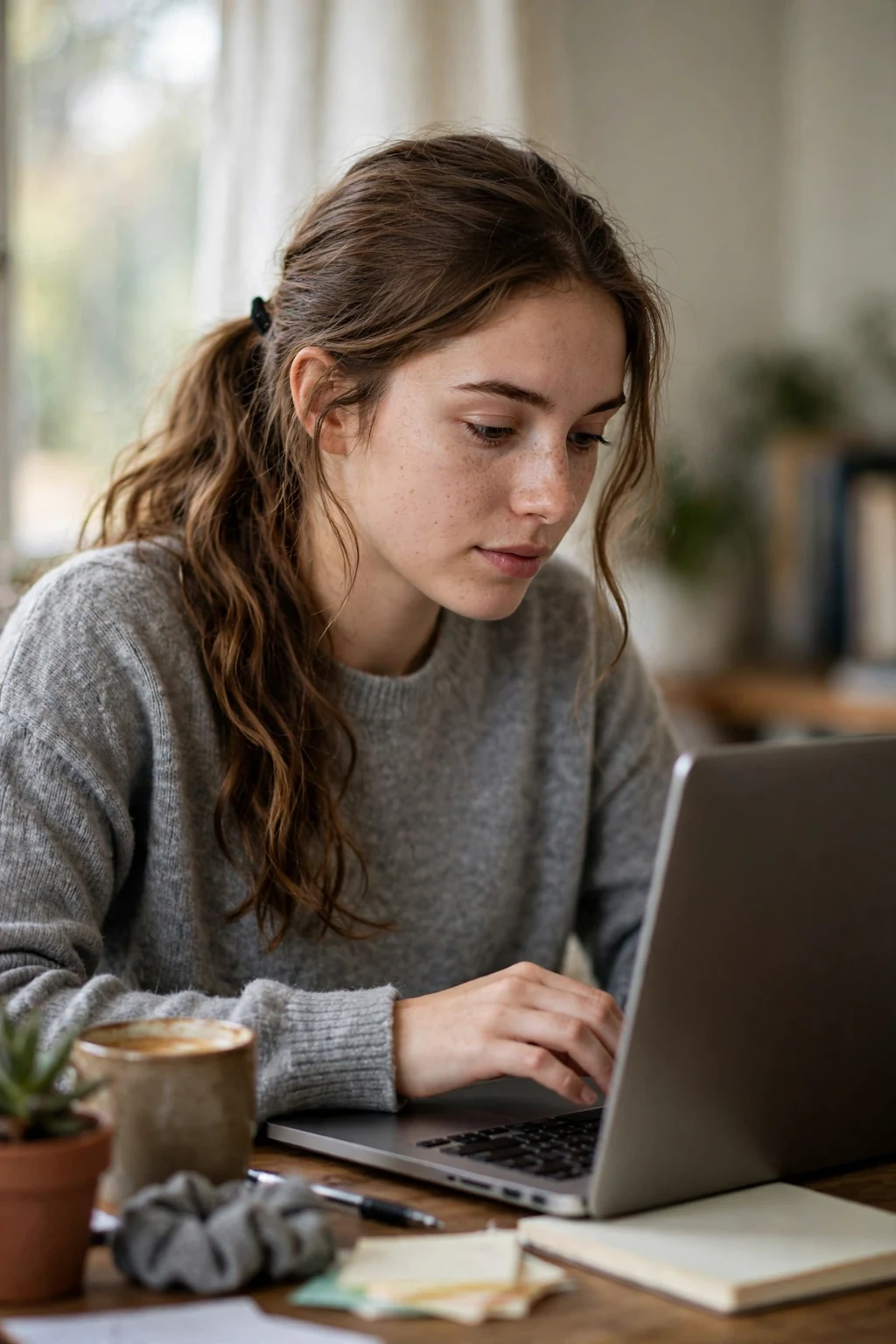 A young woman wearing her hair in a loose low ponytail while working at a desk.