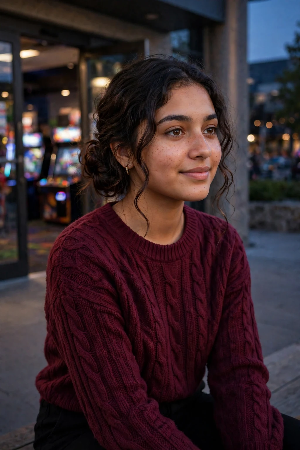 Young woman at an evening game in a team sweater with a low twisted bun.