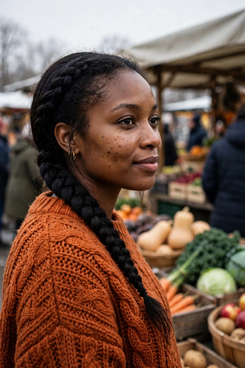 Young woman with a neat low braid over one shoulder, wearing a rust-orange sweater at a winter farmers market.