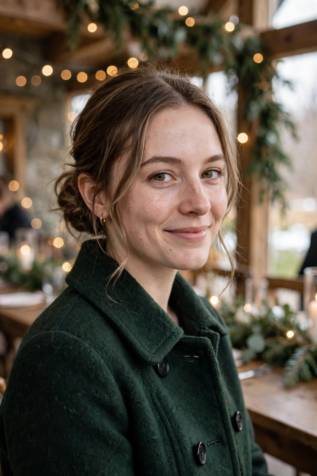 Young woman with a low chignon and soft face-framing pieces, wearing a dark green dress coat at a winter wedding venue.