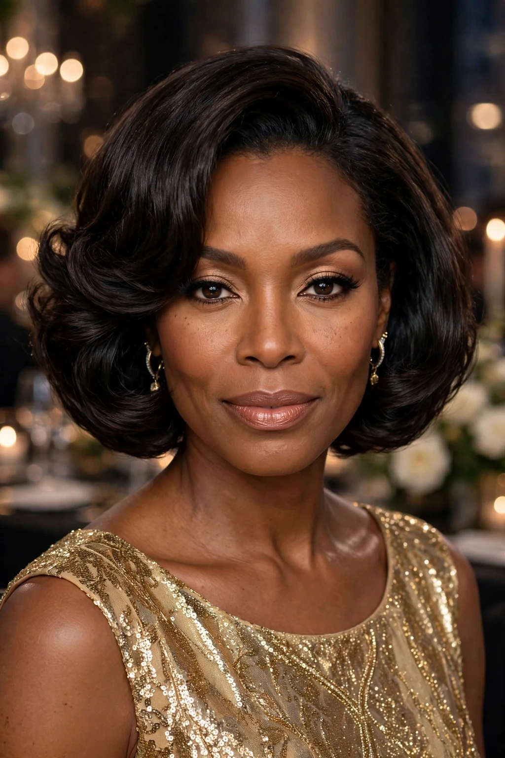 Beautiful woman with luxurious bob blowout, bouncy luxurious bob, glamorous light.