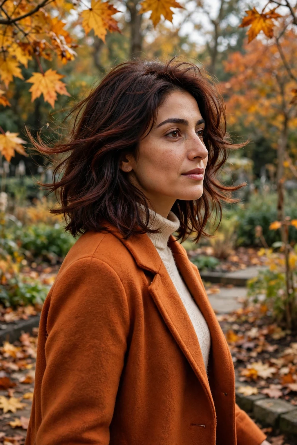 Young woman with a mahogany feathered cut, walking in a botanical garden wearing a orange coat.