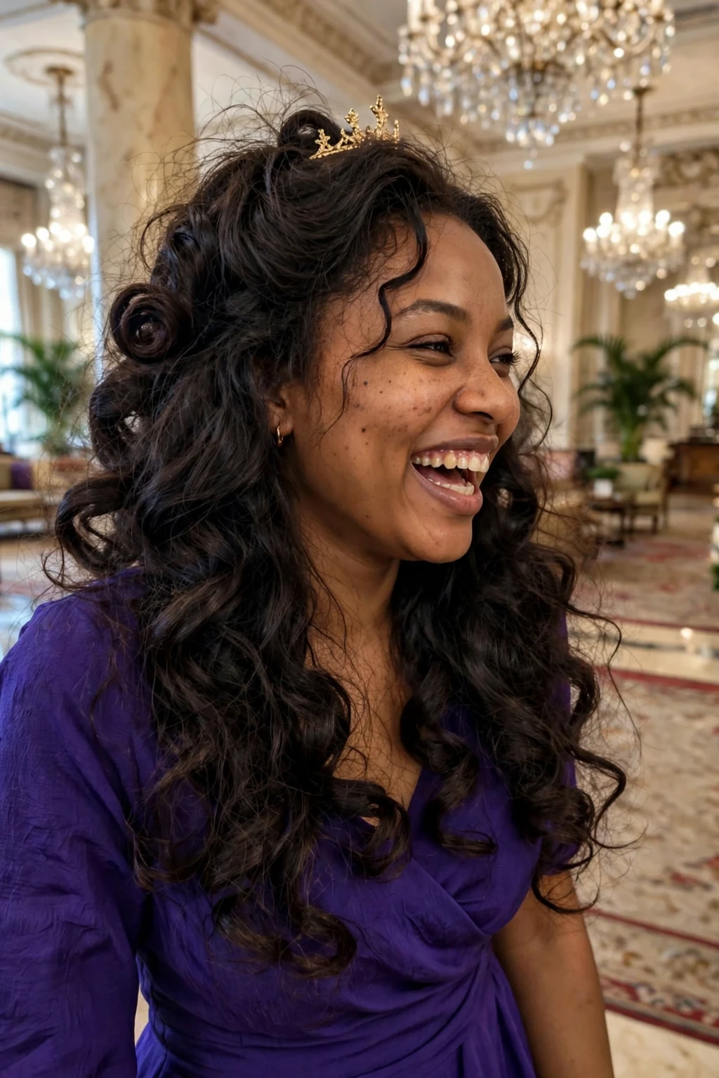 Young Ghanaian woman with majestic crowned Hollywood curls in large glossy barrel curls with a small gold crown, wearing a royal purple dress in a grand hotel lobby.