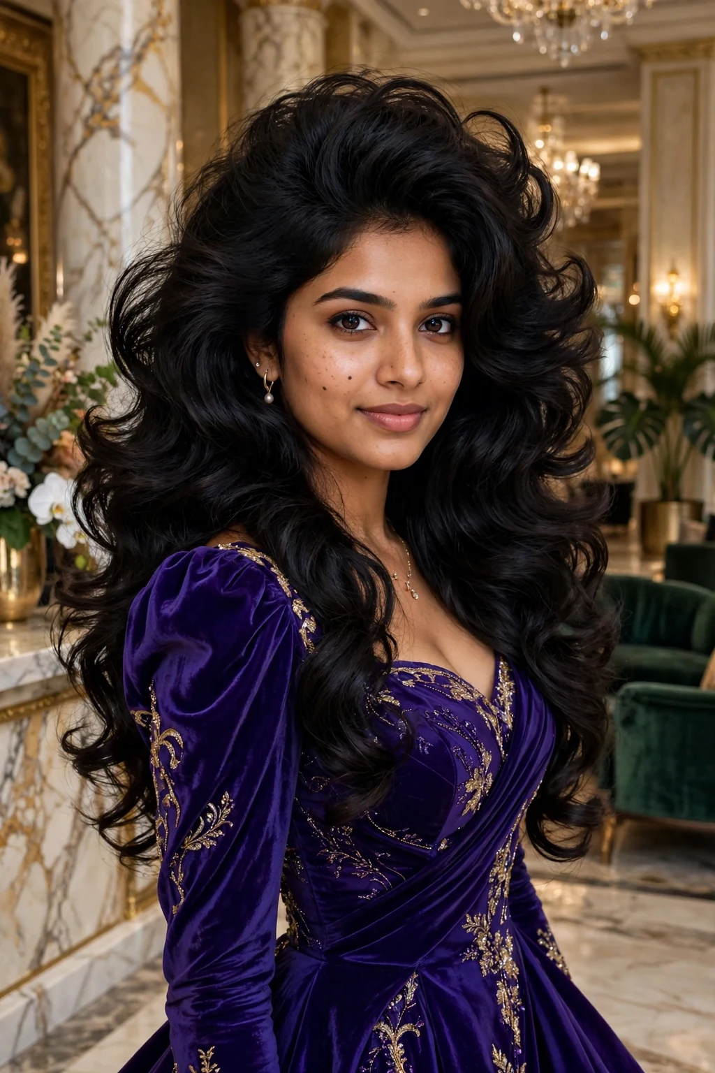 Young woman with a majestic voluminous blowout with bouncy layers, wearing a royal purple gown.
