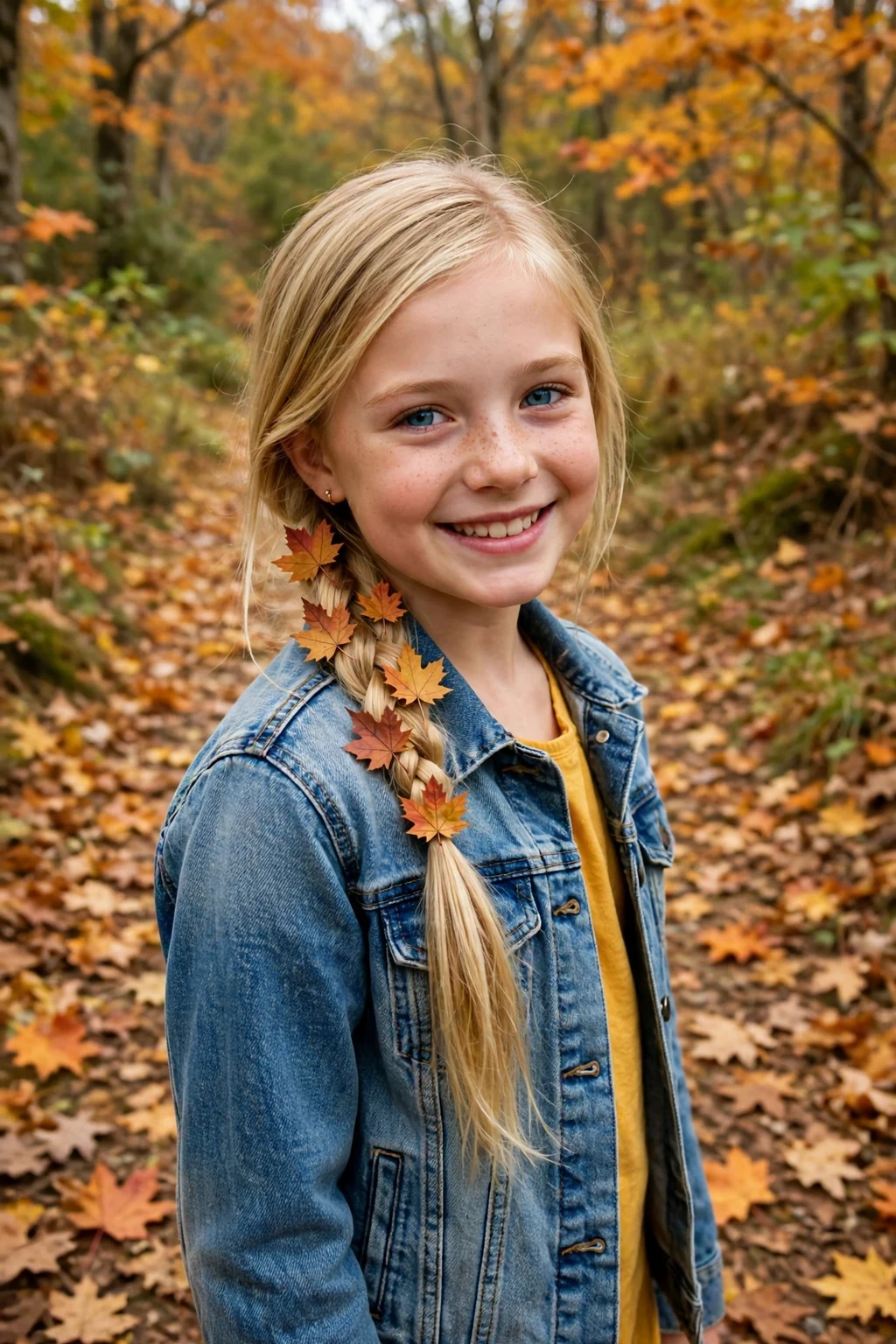 A young girl with a long side braid decorated with maple leaf clips, wearing a denim jacket over a mustard top on a leafy trail.