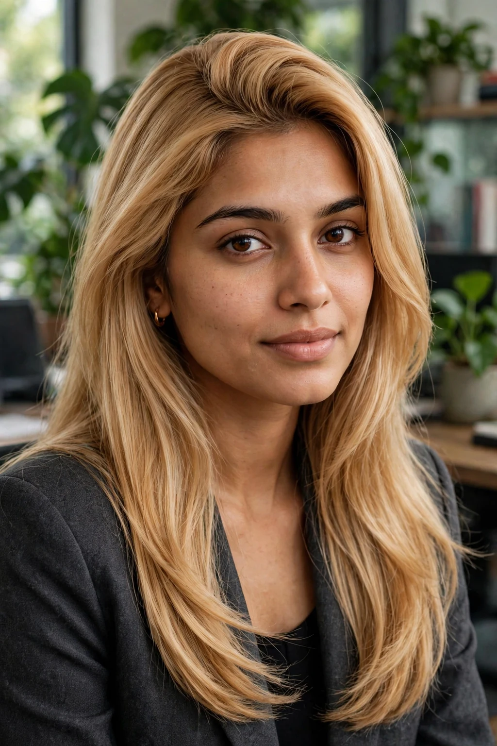 Young woman with maple syrup blonde hair in a glossy blowout, wearing a charcoal blazer in an office.