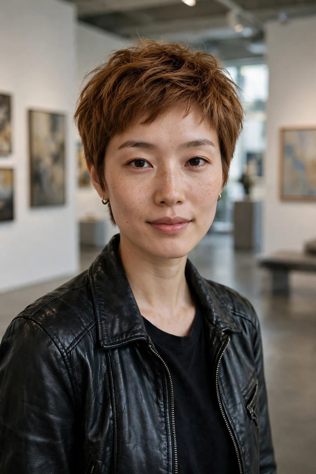 Young woman with a maple textured pixie, standing in an art gallery wearing a black leather jacket.