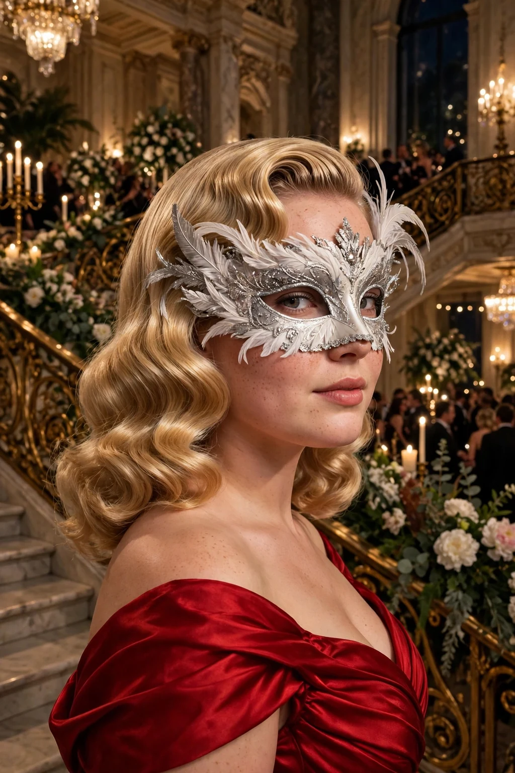 Young woman with Hollywood waves and a feathered masquerade mask.