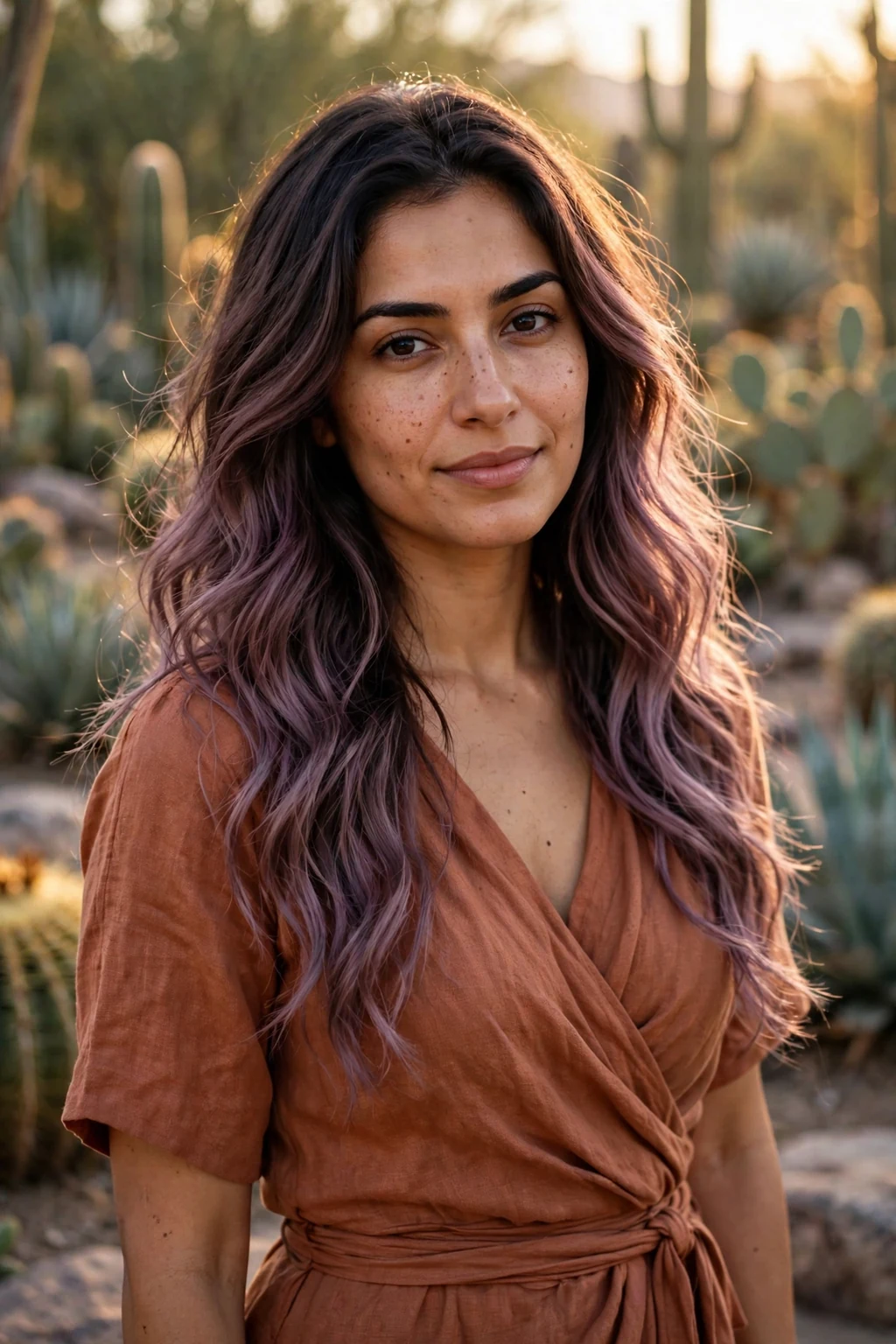 Young Middle Eastern woman in her late 20s with long mauve-ombre waves, wearing a terracotta wrap dress in a desert botanical garden.