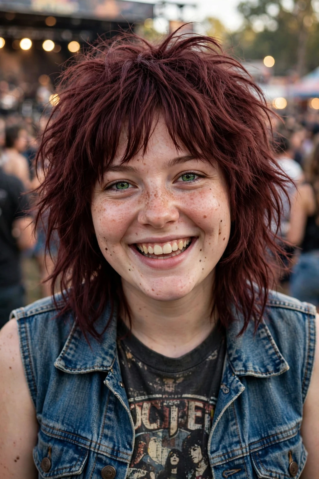 Young Caucasian woman in her mid-20s with a medium burgundy brown shag haircut with curtain bangs, at a music festival wearing a denim vest.