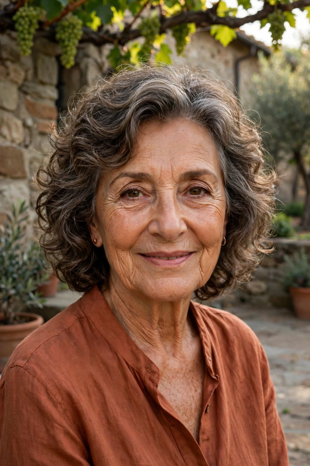 A graceful Italian woman in her 70s with medium curly layers, wearing a rust blouse, in a vineyard courtyard.