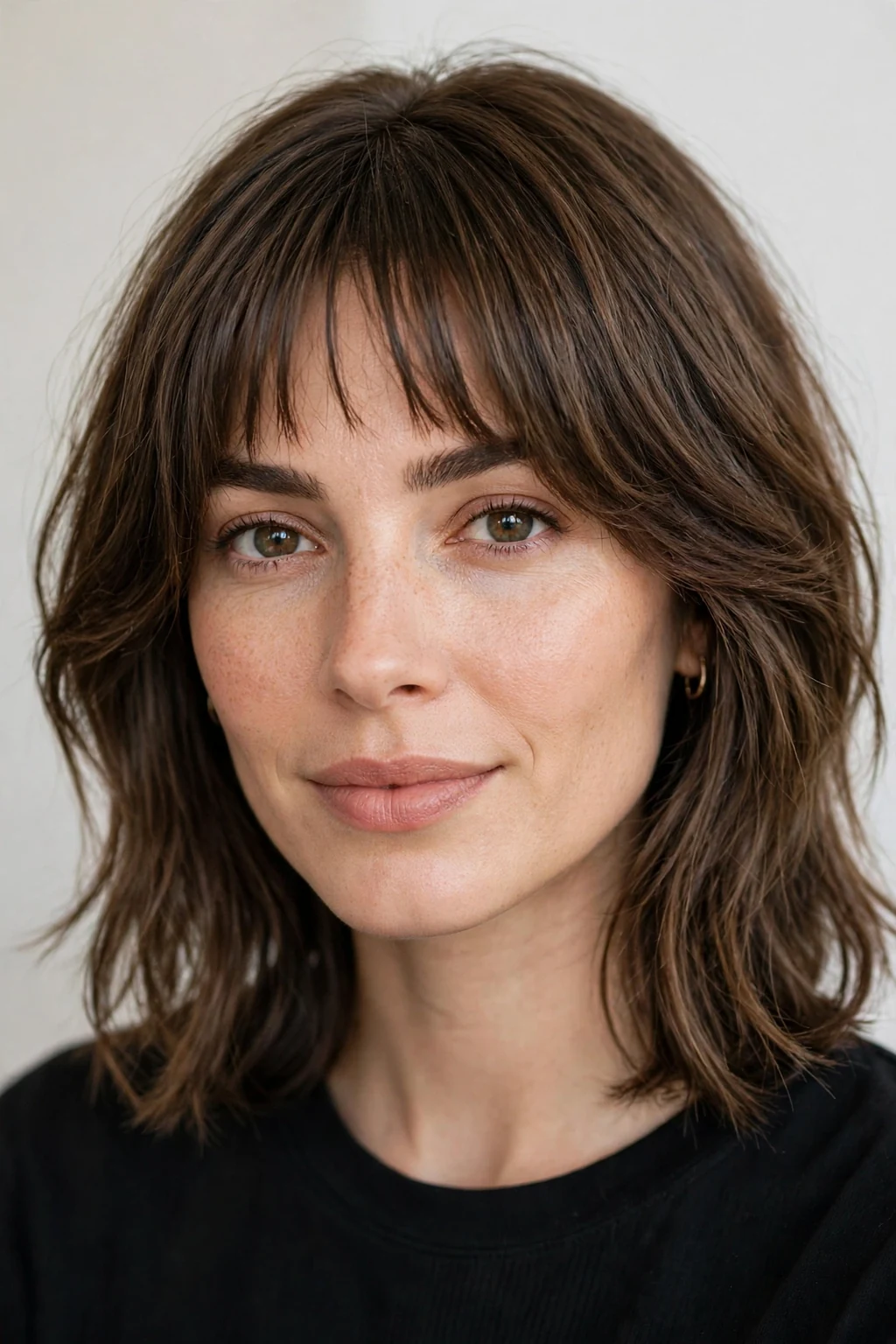 Woman with medium cut and bottleneck bangs, trendy narrow fringe, stylish light.