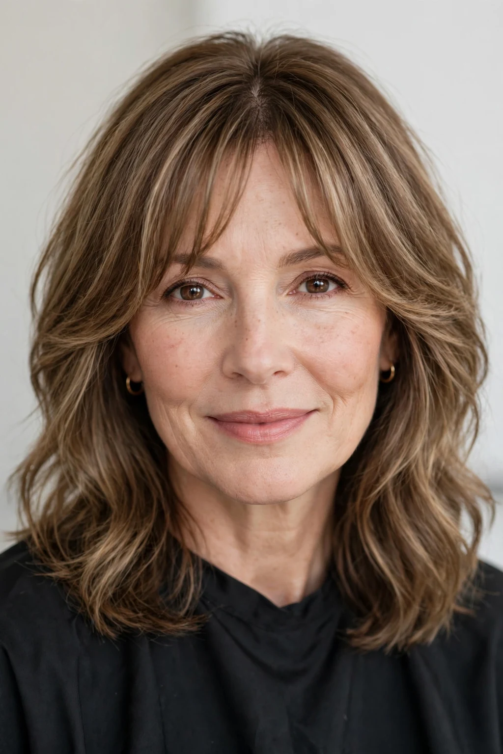 Woman over 40 with medium cut and curtain bangs, soft parted fringe, flattering light.