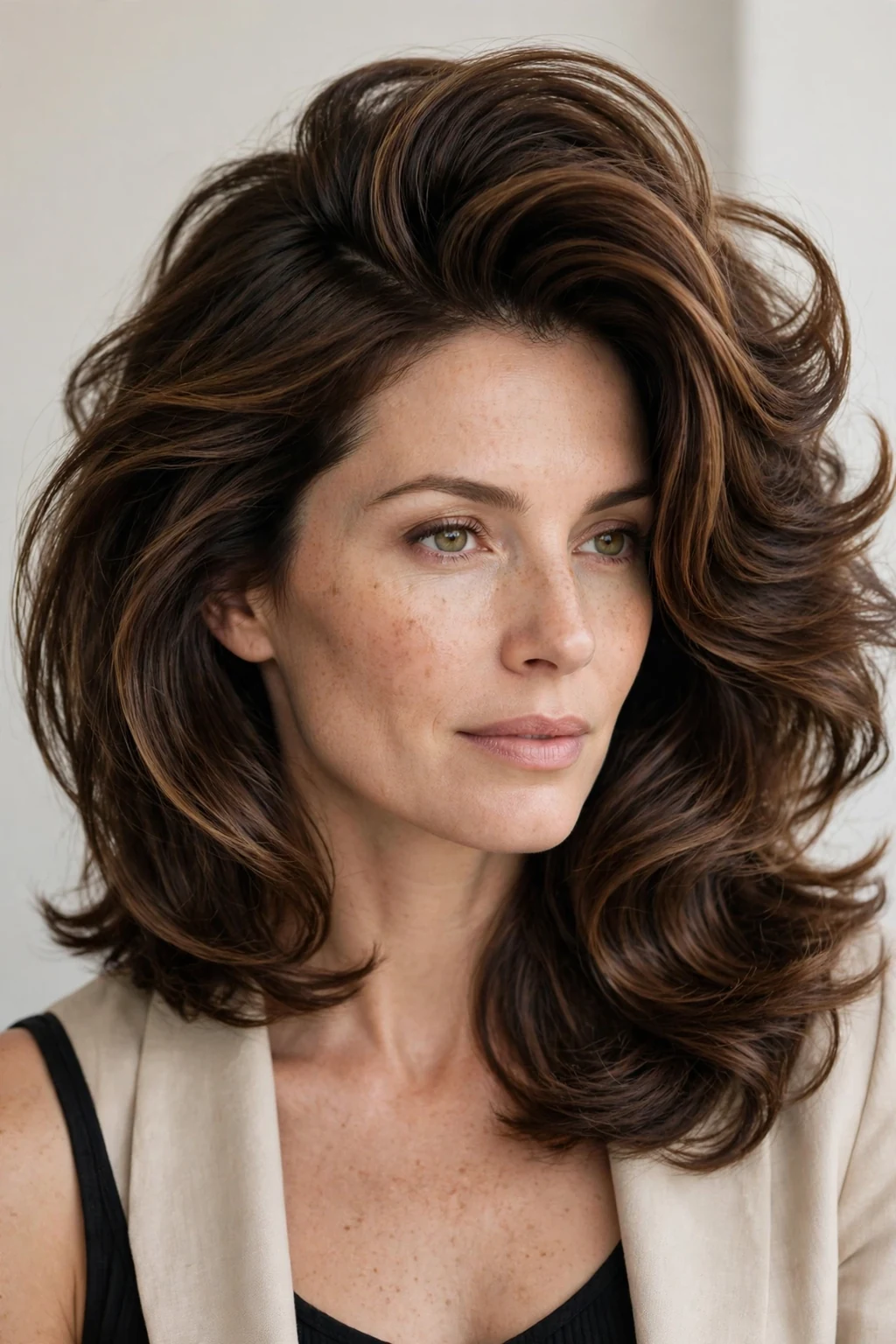Woman with medium cut and deep side part, dramatic sweeping volume, elegant light.