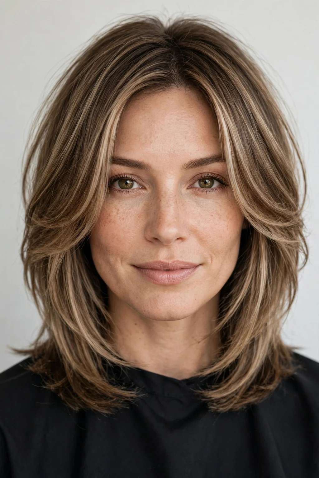 Woman with medium cut and face-framing layers, flattering front pieces, soft light.