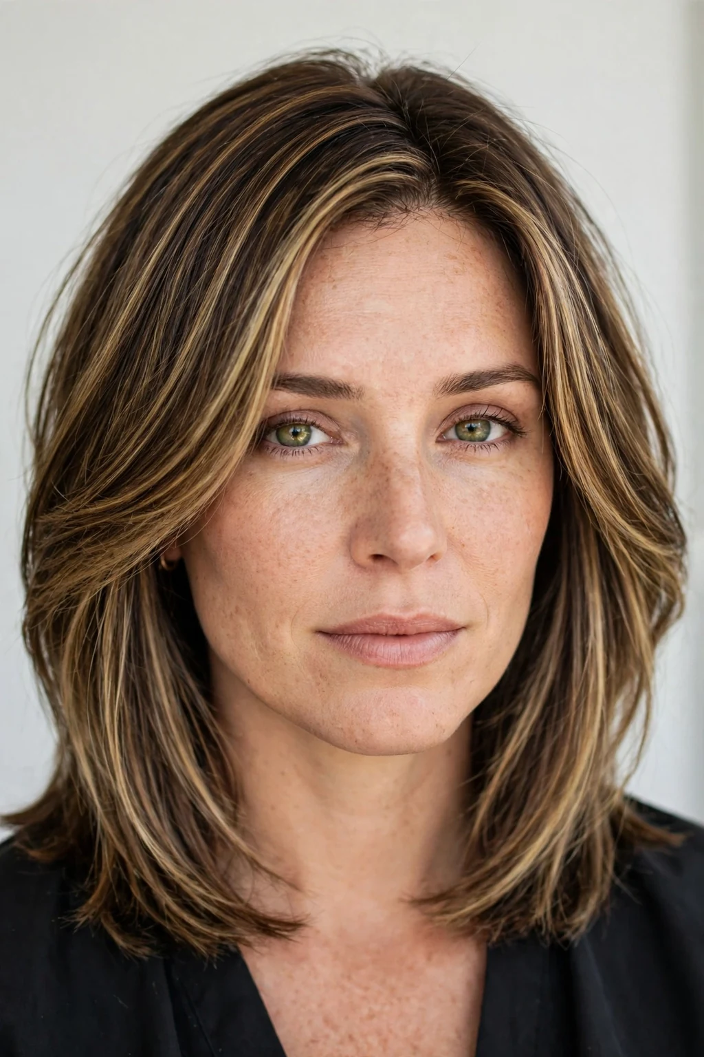 Woman with medium cut and highlights, dimensional light-catching color, bright light.