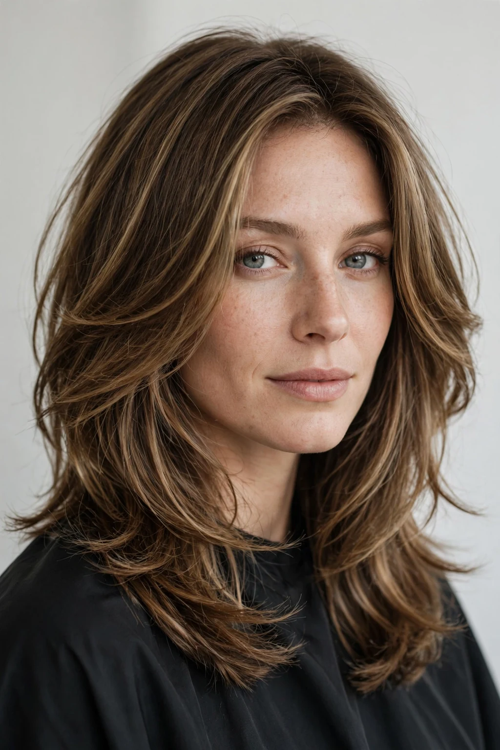 Woman with medium cut and long layers, flowing dimensional layers, elegant light.