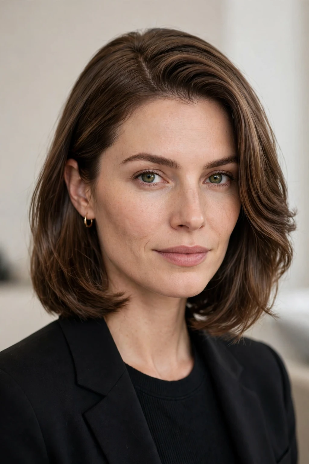 Woman with medium cut and side part, elegant deep part, chic polished light.