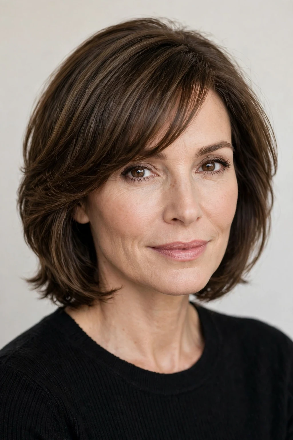 Woman over 40 with side-swept bangs, elegant diagonal fringe, chic flattering light.