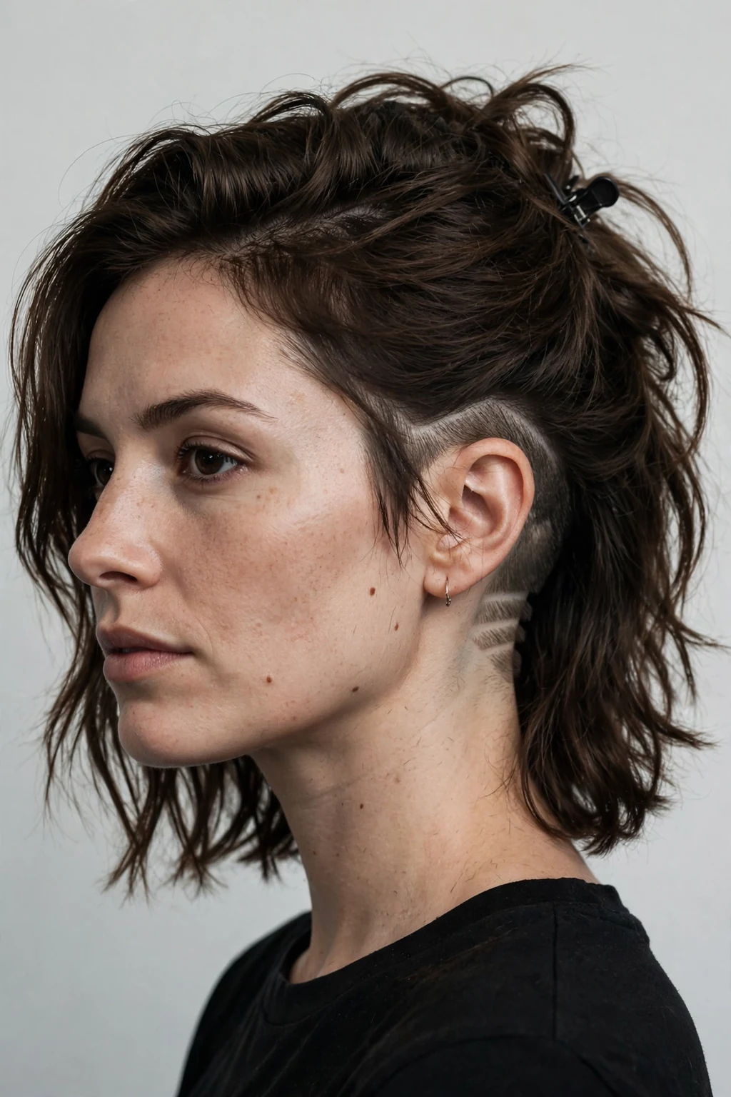 Woman with medium cut and undercut nape, hidden shaved detail, edgy subtle light.