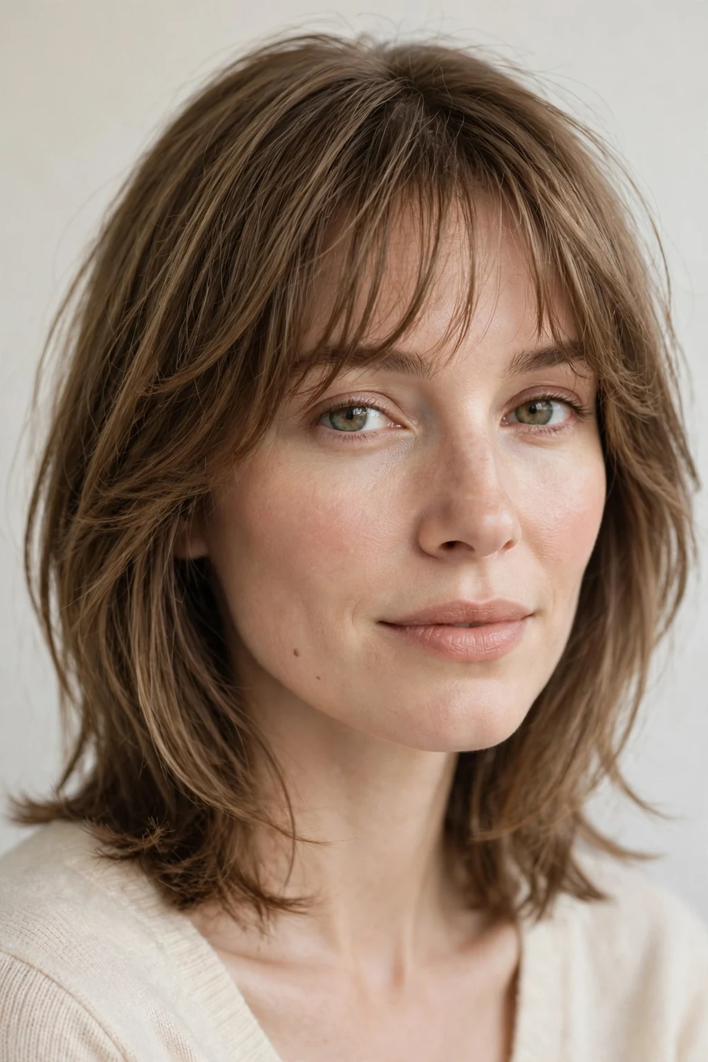 Woman with medium cut and wispy bangs, delicate airy fringe, gentle light.