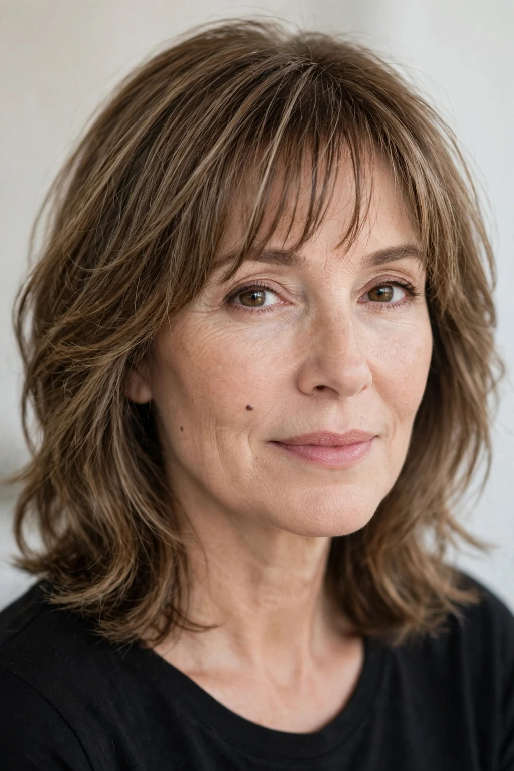Woman over 40 with wispy fringe, delicate airy bangs, gentle soft light.