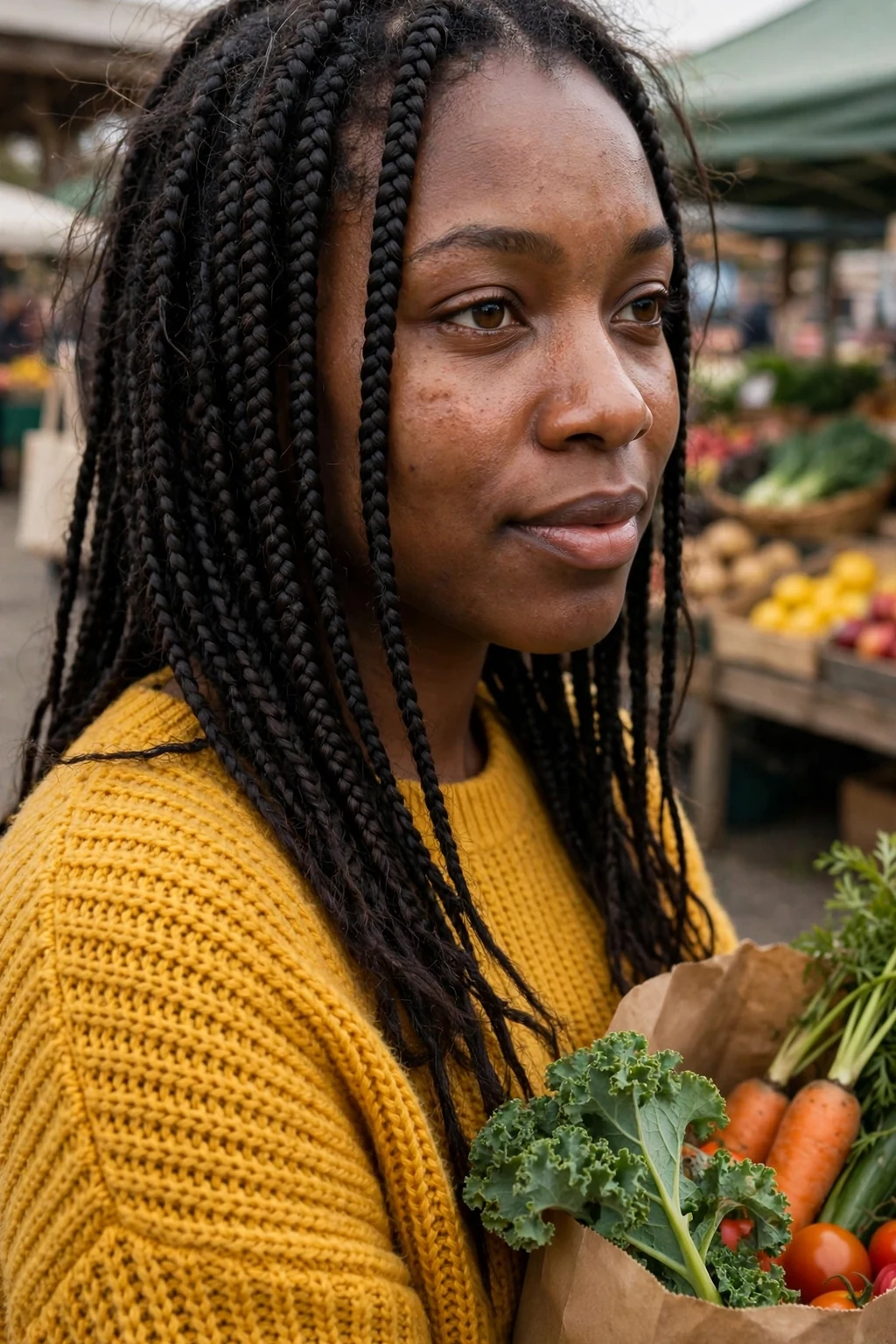 Young Black woman with medium knotless box braids falling past her shoulders, photographed at a farmers market wearing a mustard knit sweater.