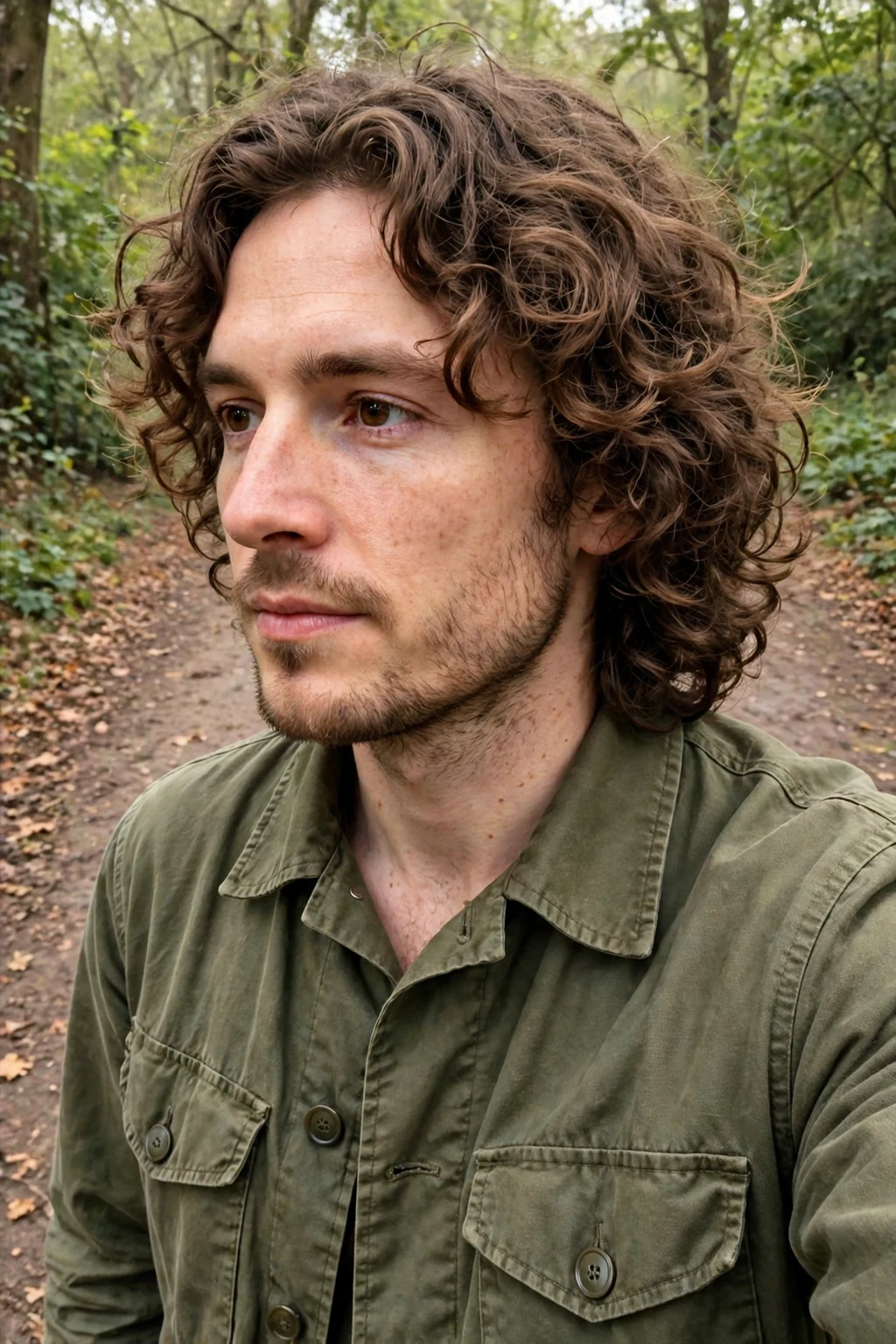 A man with medium-length layered curls falling around his ears and jaw in defined sections.