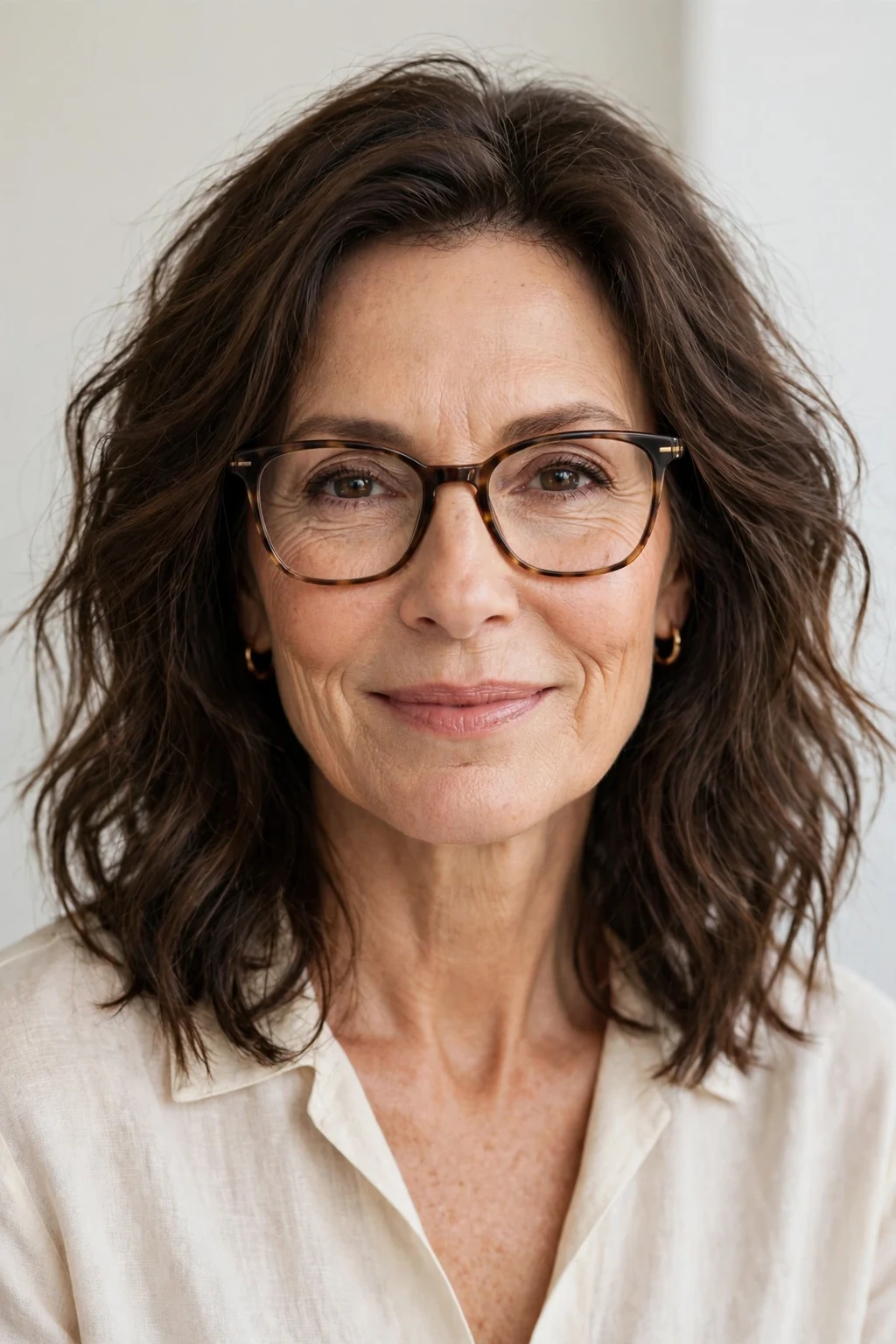 Elegant woman over 50 with glasses and medium-length air-dried texture, natural flowing waves, fresh light.