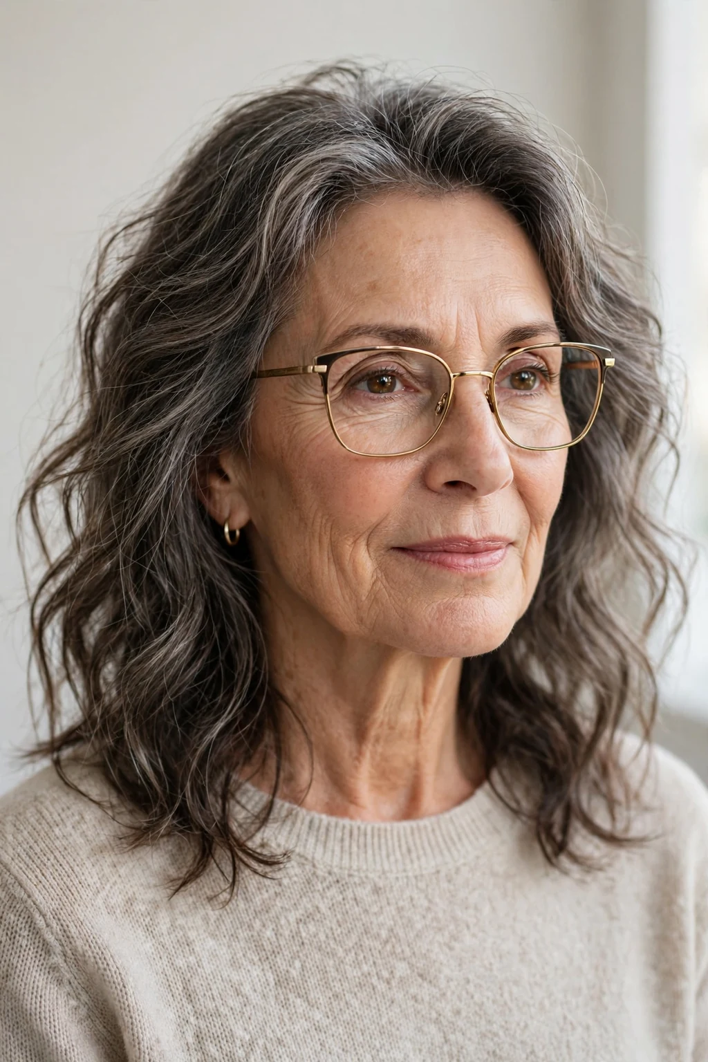 Elegant woman over 60 with glasses and medium-length air-dried texture, natural flowing waves, fresh light.