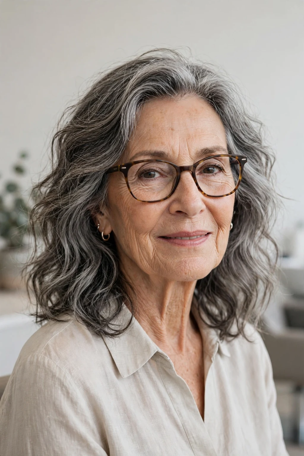 Elegant woman over 70 with glasses and medium-length air-dried texture, natural flowing waves, fresh light.