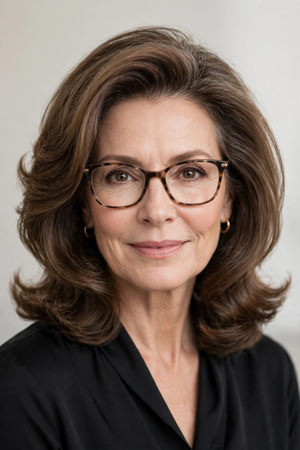 Elegant woman over 50 with glasses and medium-length blowout, luminous smooth finish, glamorous light.