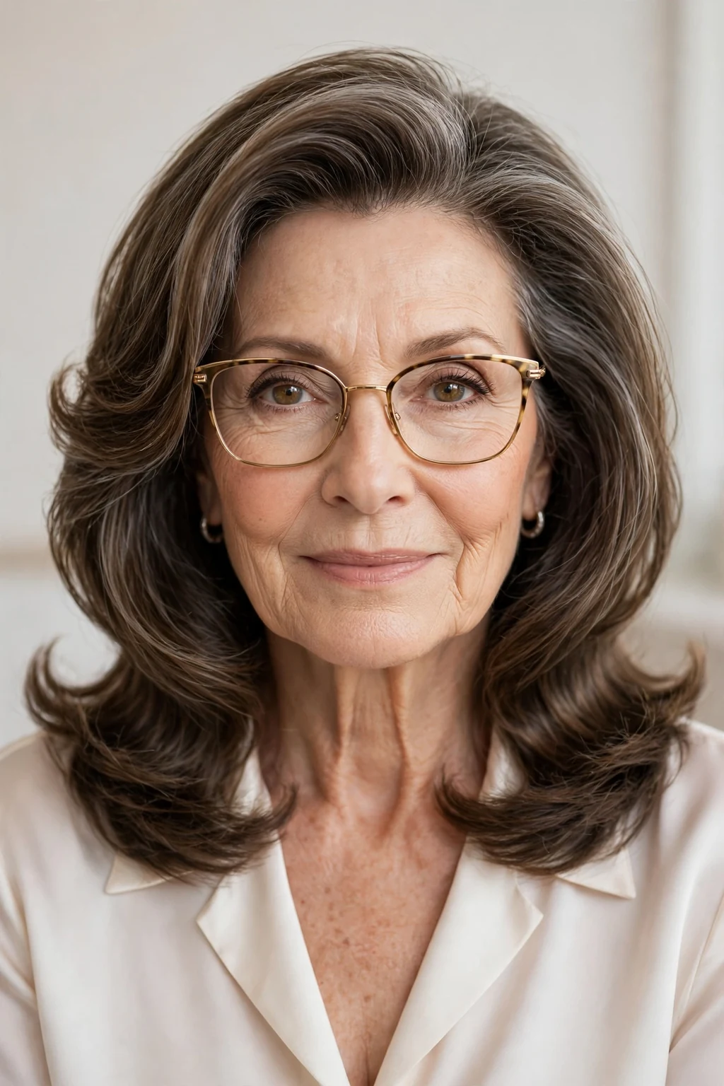 Elegant woman over 60 with glasses and medium-length blowout, luminous smooth finish, glamorous light.