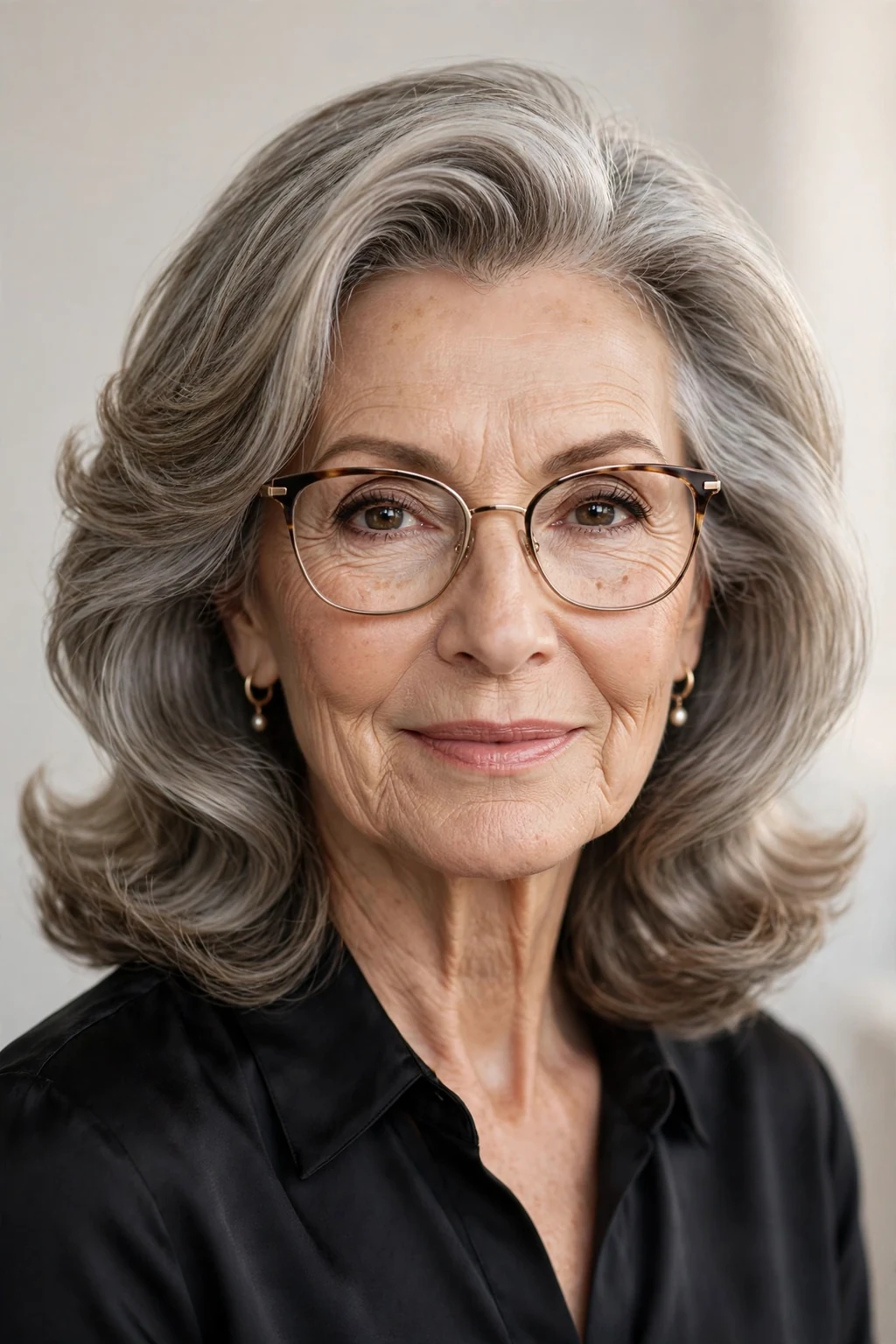 Elegant woman over 70 with glasses and medium-length blowout, luminous smooth finish, glamorous light.