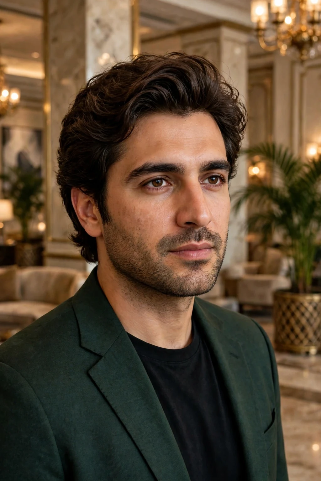Man with a medium-length blowout haircut, voluminous blow-dried medium hair.