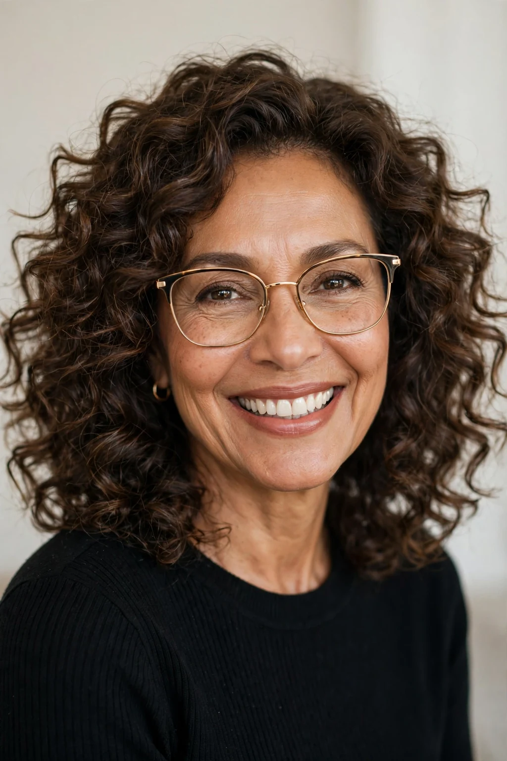Elegant woman over 50 with glasses and medium-length bouncy curls, joyful full curls, bright light.