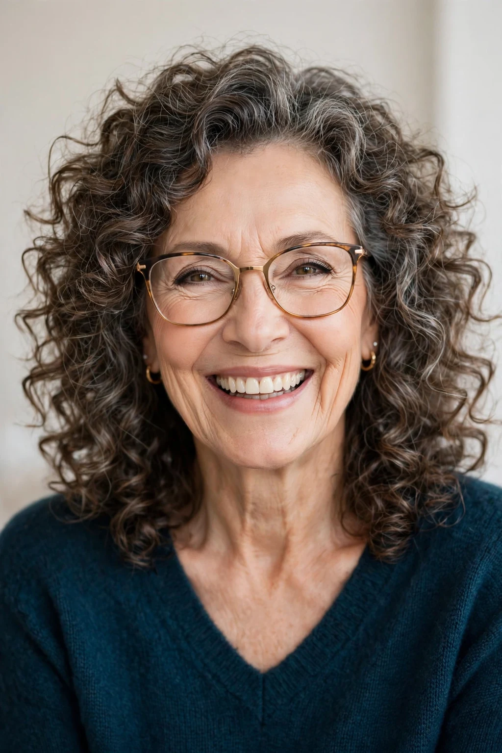 Elegant woman over 60 with glasses and medium-length bouncy curls, joyful full curls, bright light.