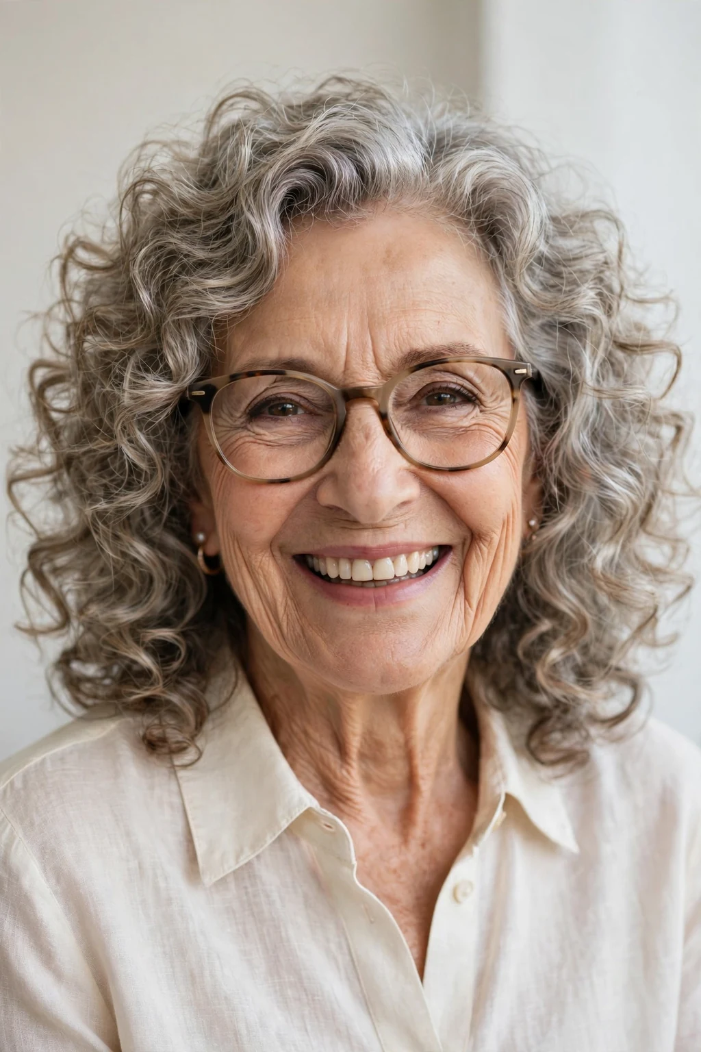 Elegant woman over 70 with glasses and medium-length bouncy curls, joyful full curls, bright light.