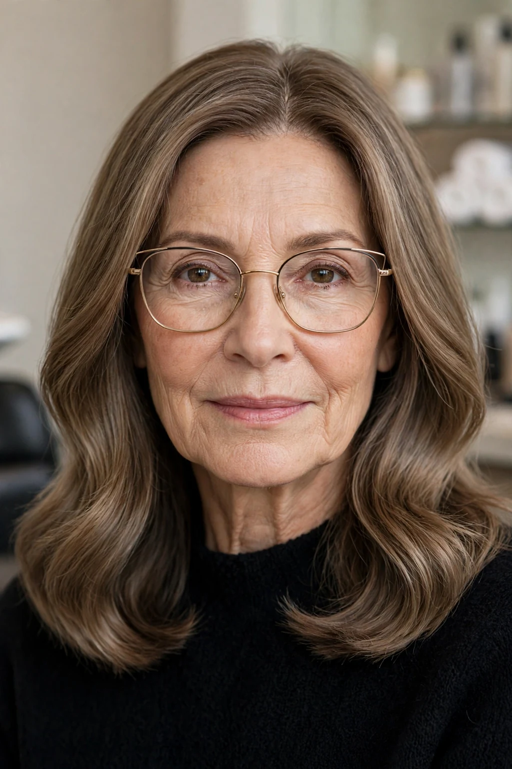 Elegant woman over 50 with glasses and medium-length center-part style, symmetrical flowing hair, serene light.