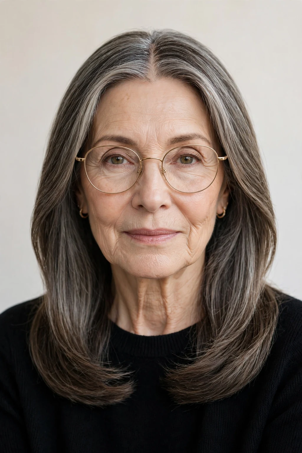 Elegant woman over 60 with glasses and medium-length center-part style, symmetrical flowing hair, serene light.